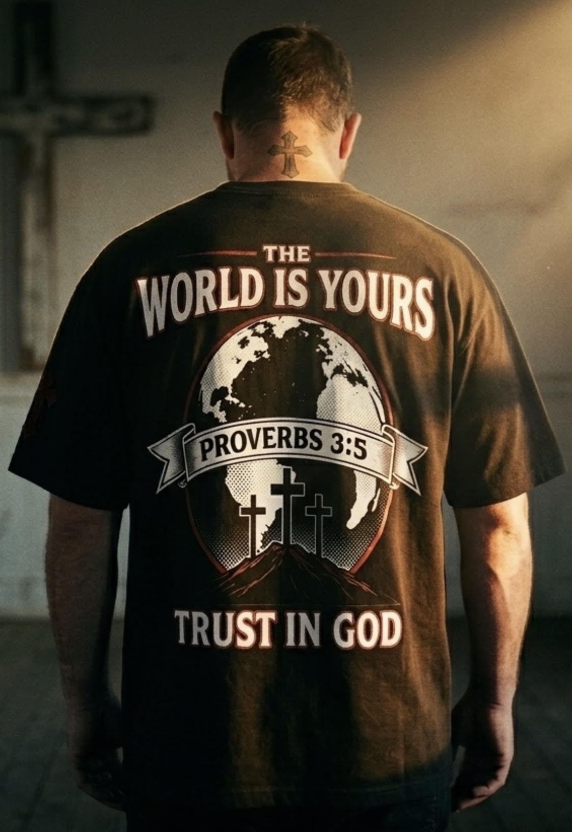 Man wearing a black t-shirt with religious text and graphics