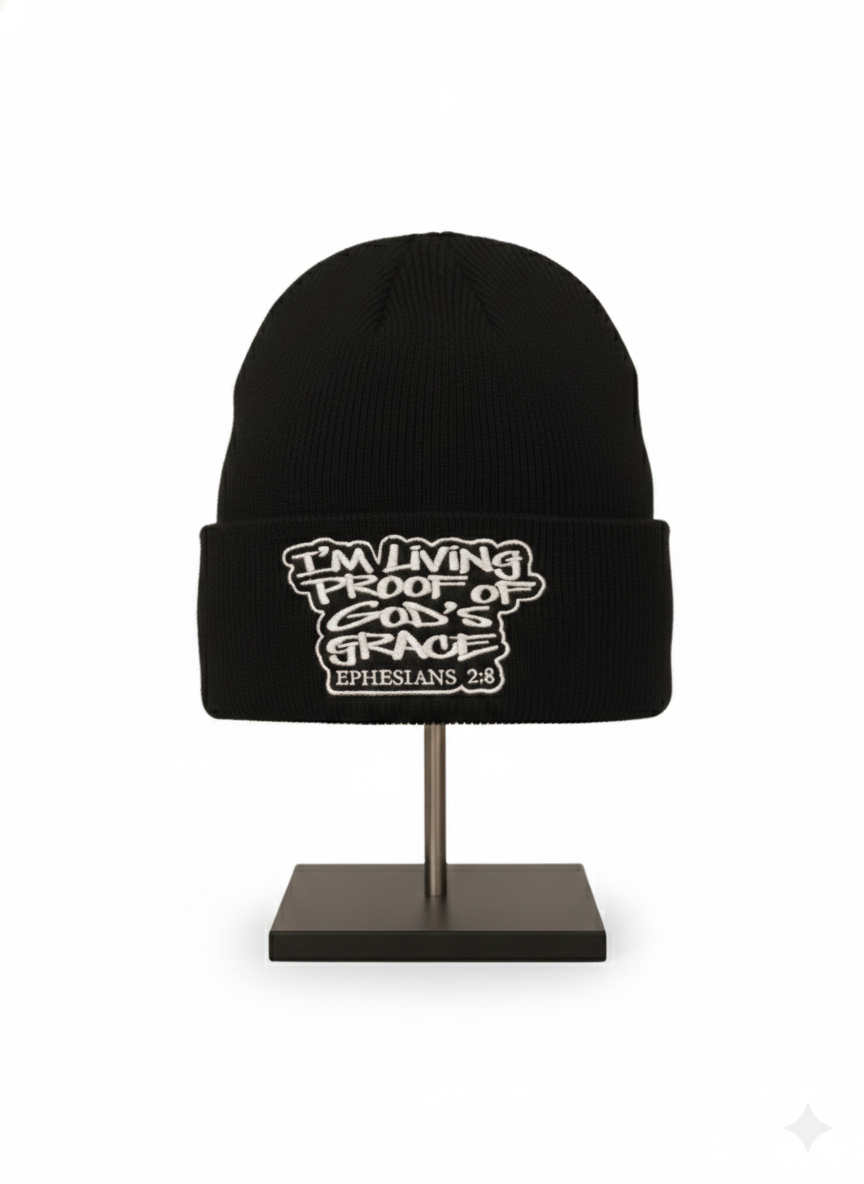 Black Living Proof beanie on a stand, embroidered Ephesians 2:8 patch