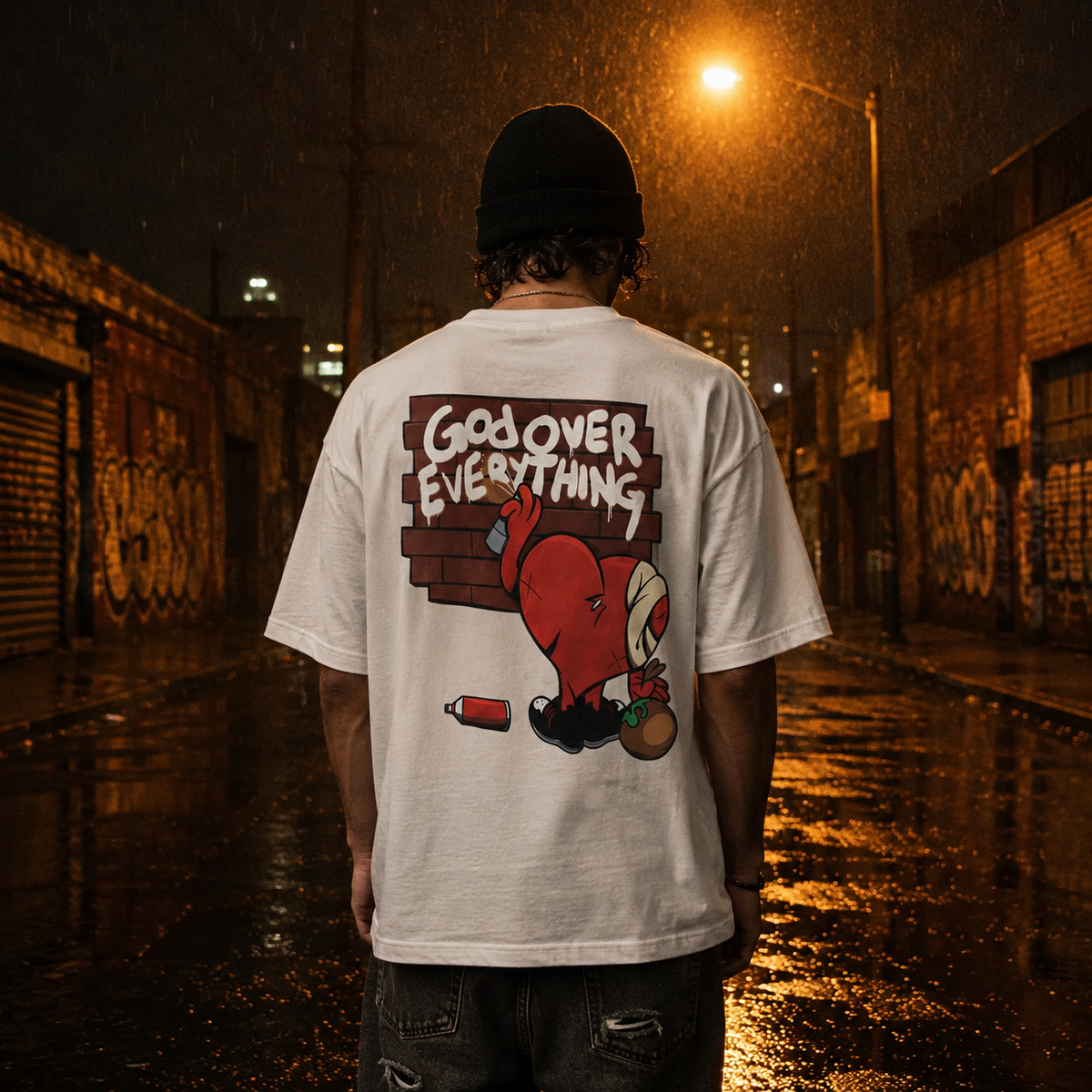 Person wearing a white t-shirt with graphic design and text in an urban setting at night.