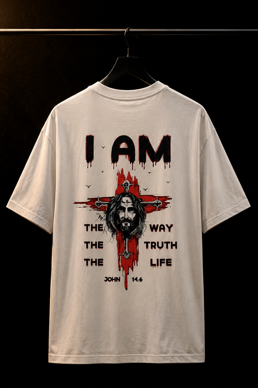 Bone I AM t-shirt on a hanger, John 14:6 back print with a red cross