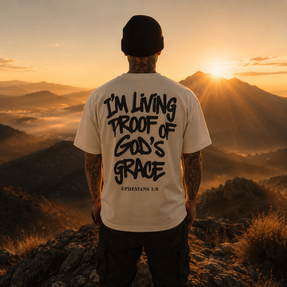 Person wearing a t-shirt with text standing on a mountain at sunset