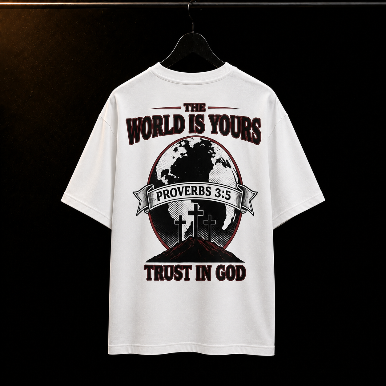 White t-shirt with religious design and text on a black background