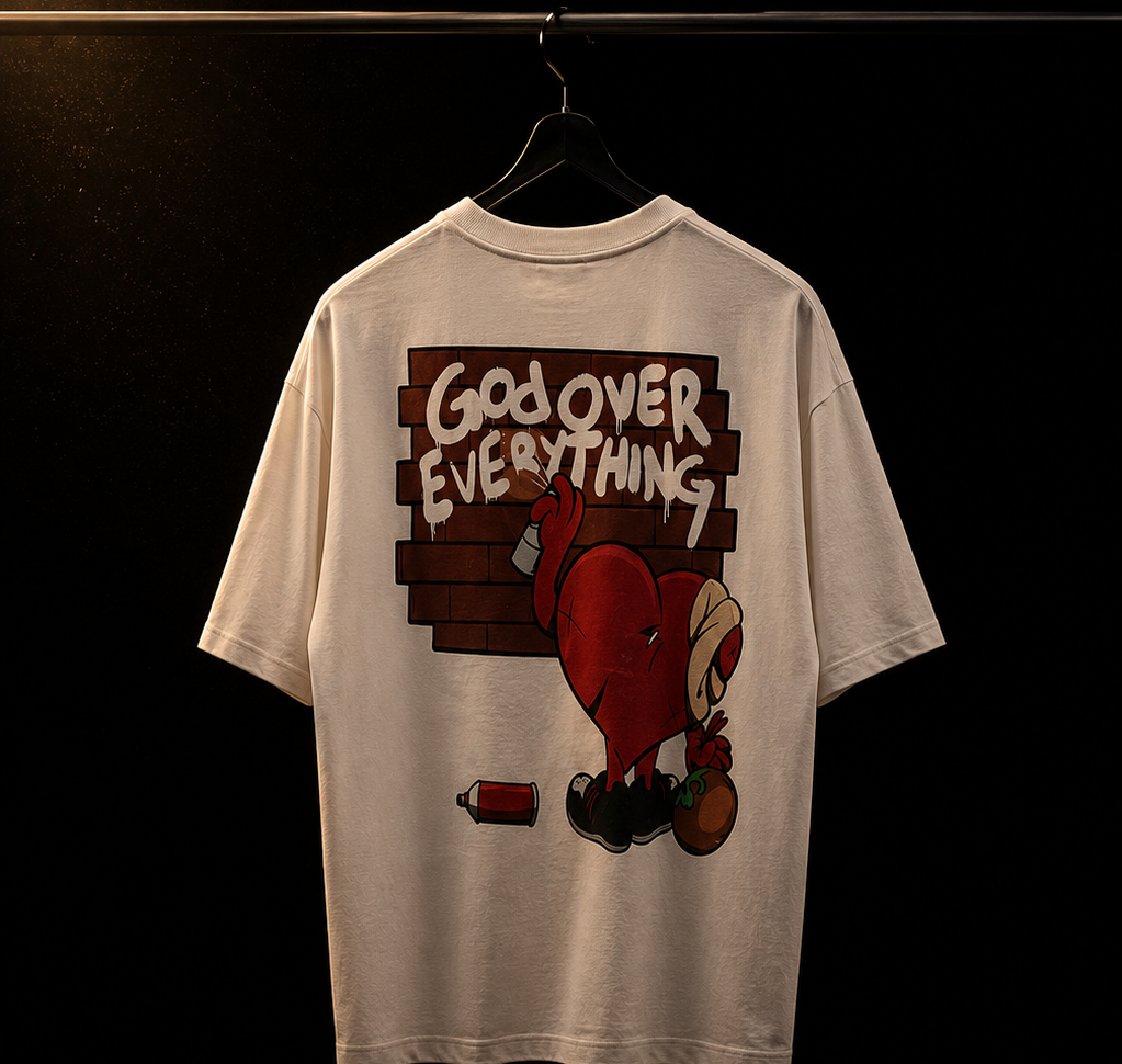 Beige t-shirt with graphic design and text on a black background