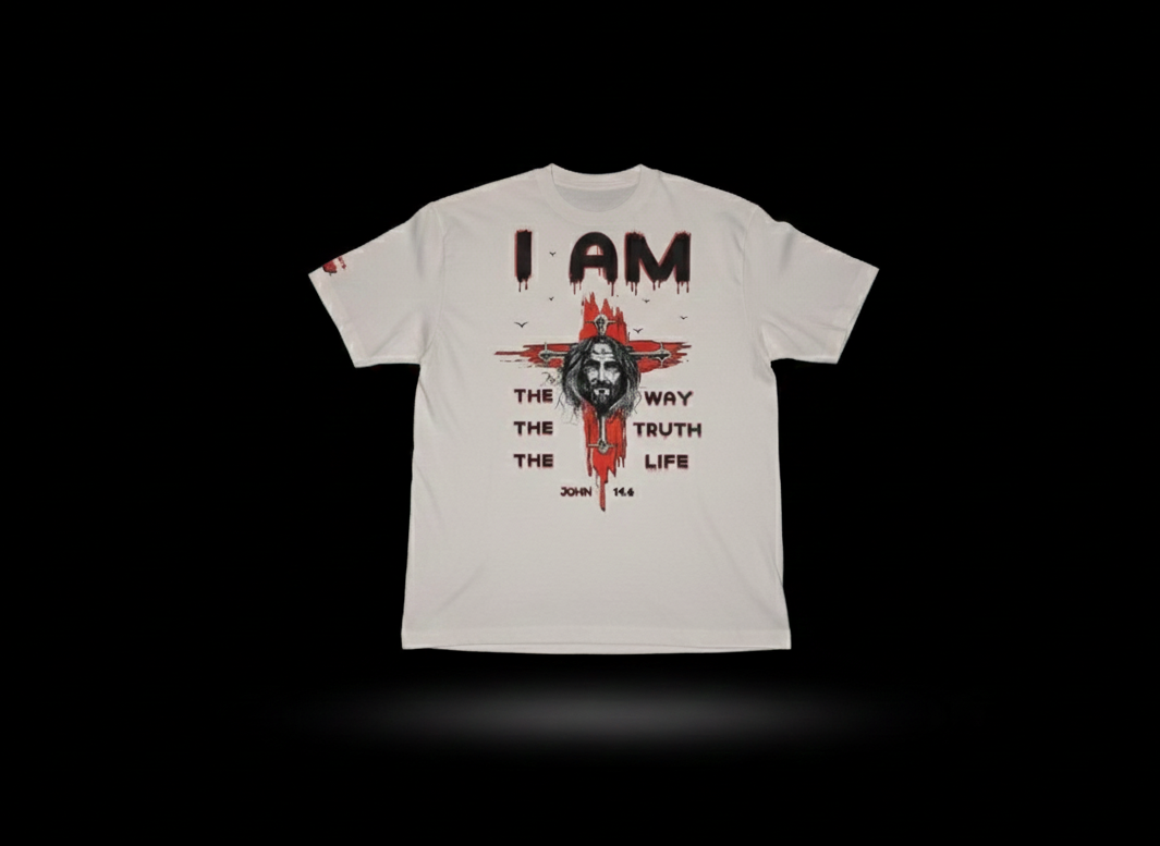 White I AM t-shirt, full back print reading the way, the truth, the life, John 14:6