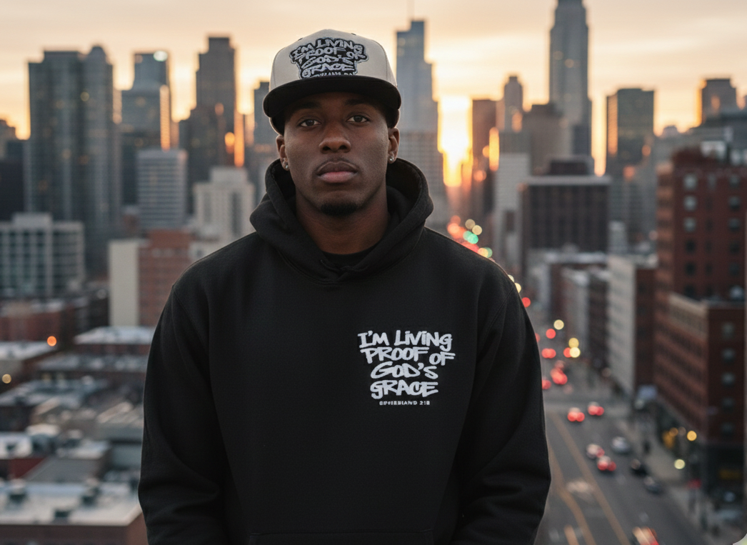 Man on a rooftop at sunset wearing the bone I'm Living Proof snapback