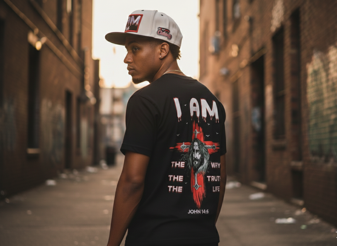 Man in an alley wearing the black I AM t-shirt, John 14:6 back print facing camera