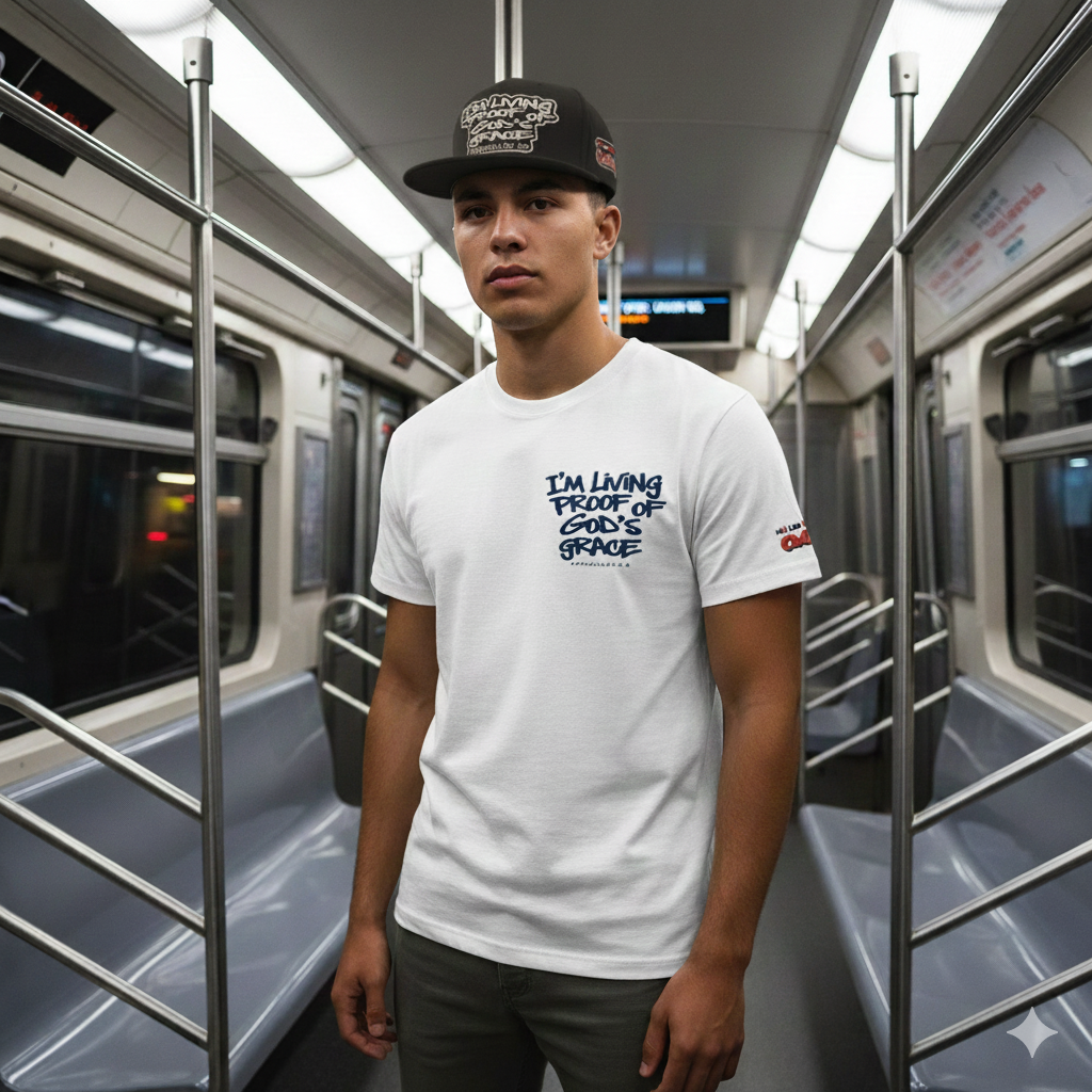Man on a subway train wearing the black I'm Living Proof snapback