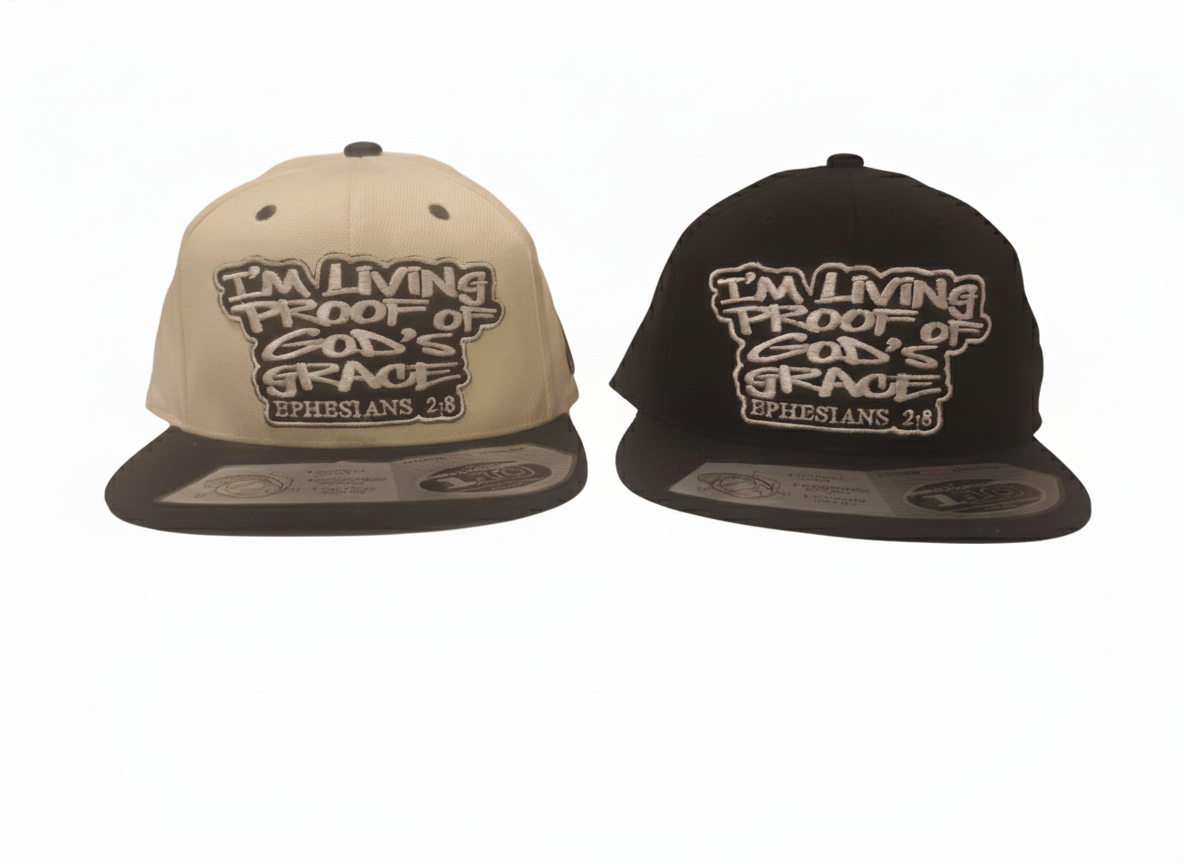 Bone and black I'm Living Proof snapbacks side by side
