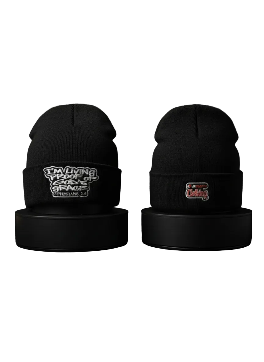 Black Living Proof beanie, front and back, embroidered Ephesians 2:8 patch