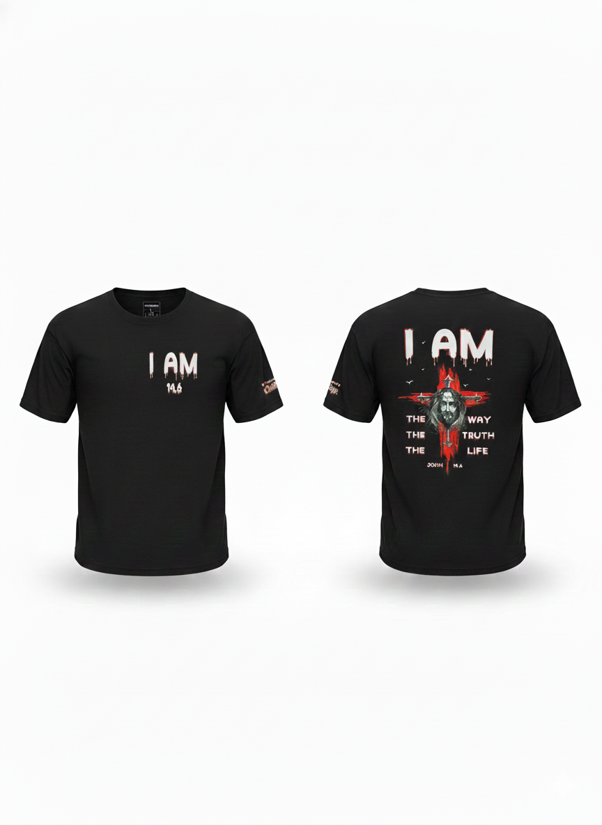Black I AM t-shirt shown front and back, small chest print and full back print