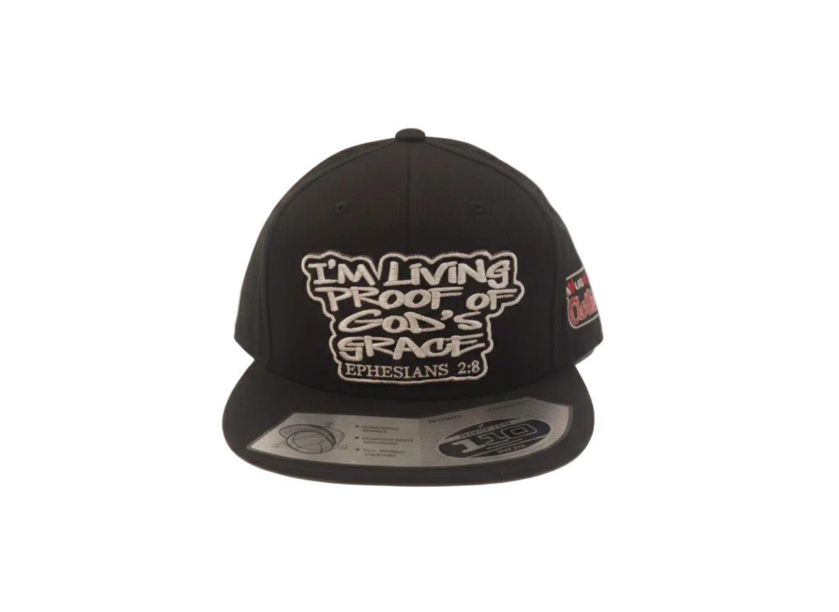 Black I'm Living Proof snapback, embroidered Ephesians 2:8 patch