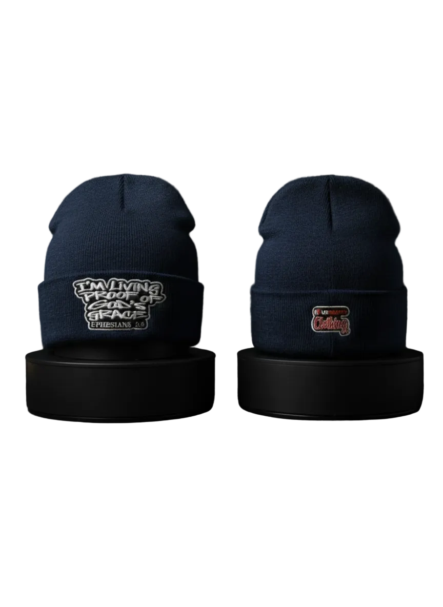 Navy Living Proof beanie, front and back, embroidered Ephesians 2:8 patch