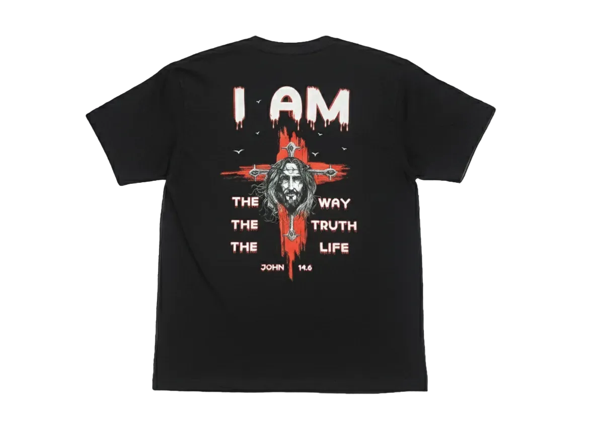 Black I AM t-shirt, full back print reading the way, the truth, the life, John 14:6
