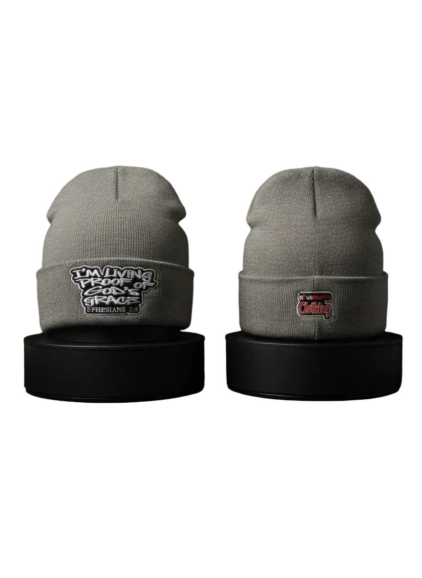 Grey Living Proof beanie, front and back, embroidered Ephesians 2:8 patch