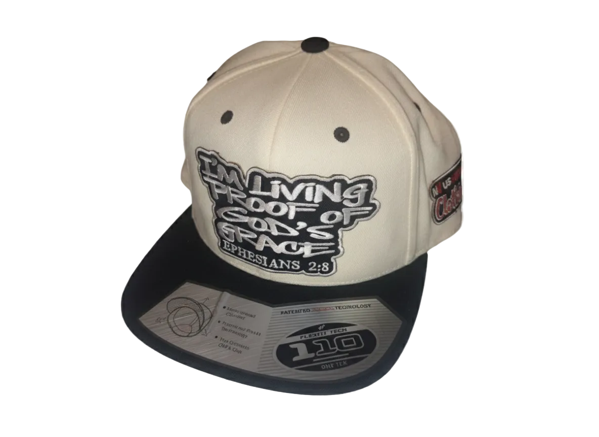 Bone and black I'm Living Proof snapback, embroidered Ephesians 2:8 patch