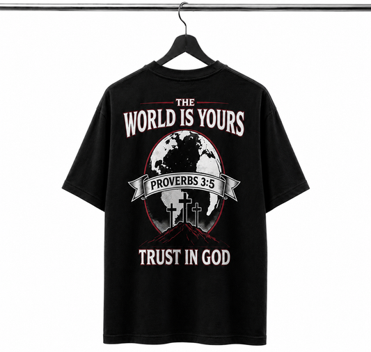 Black t-shirt with a graphic design and text on a hanger against a white background